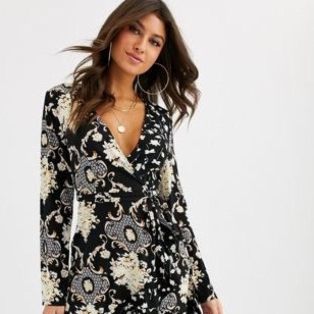 Wrap dress with frill detail in mono paisley print | Deep v-neck line